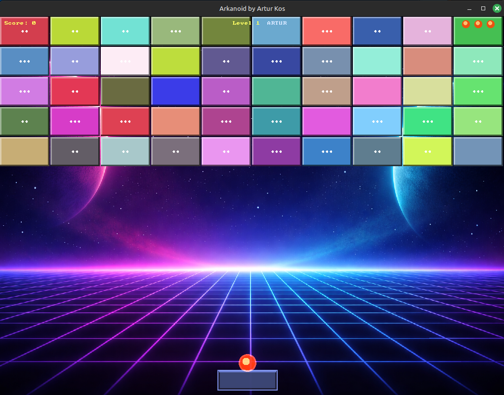 Arkanoid gameplay with colorful tile grid and space background
