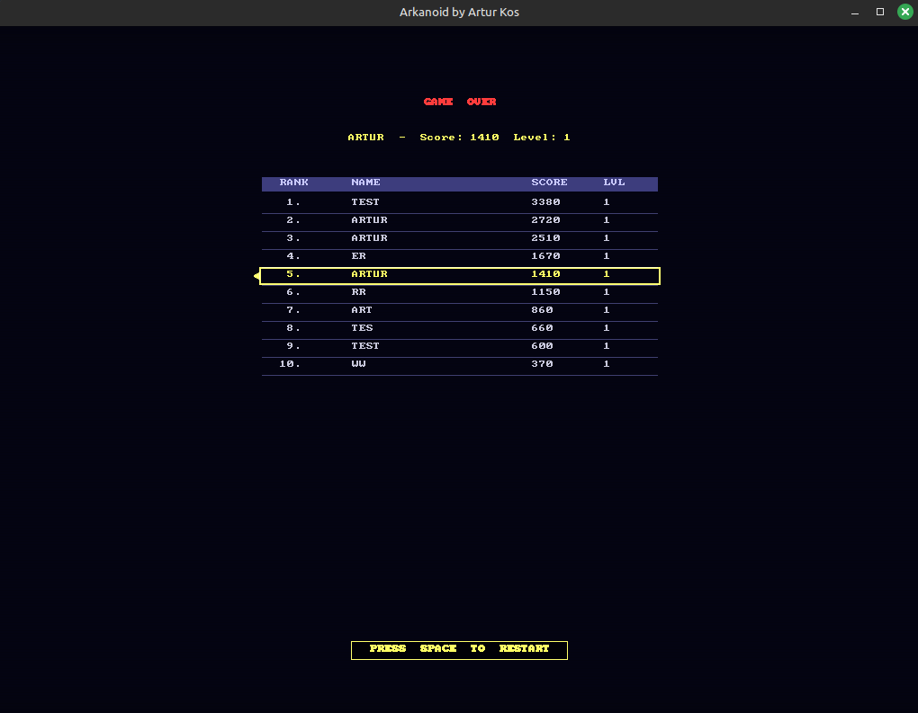 Arkanoid game over screen with high score table