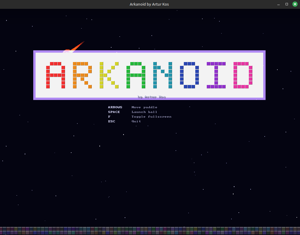 Arkanoid intro screen with pixel-art title