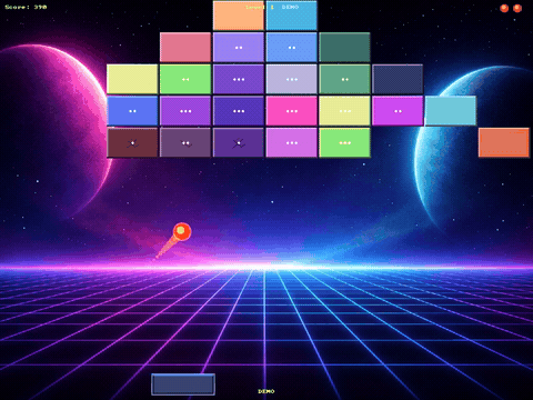 Bricktron attract mode demo: the paddle plays itself and catches power-ups