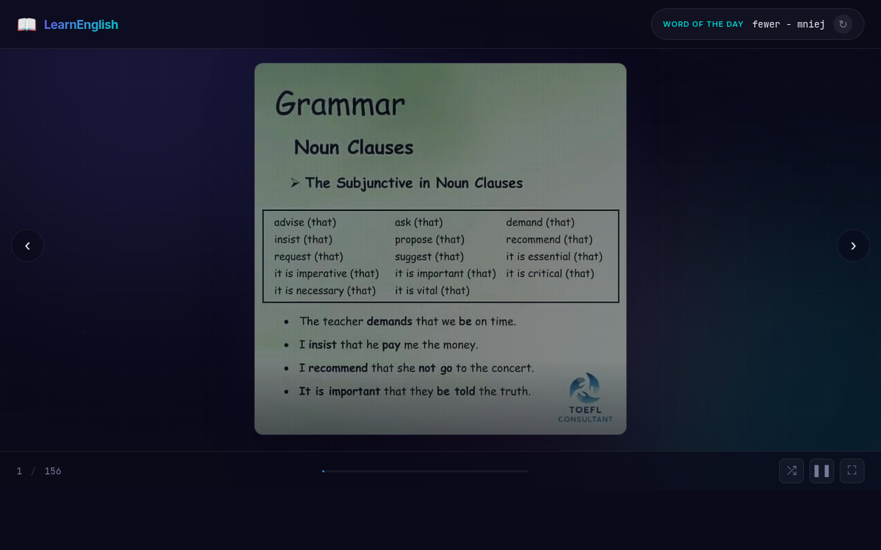 English Learning Slideshow app showing a grammar lesson card