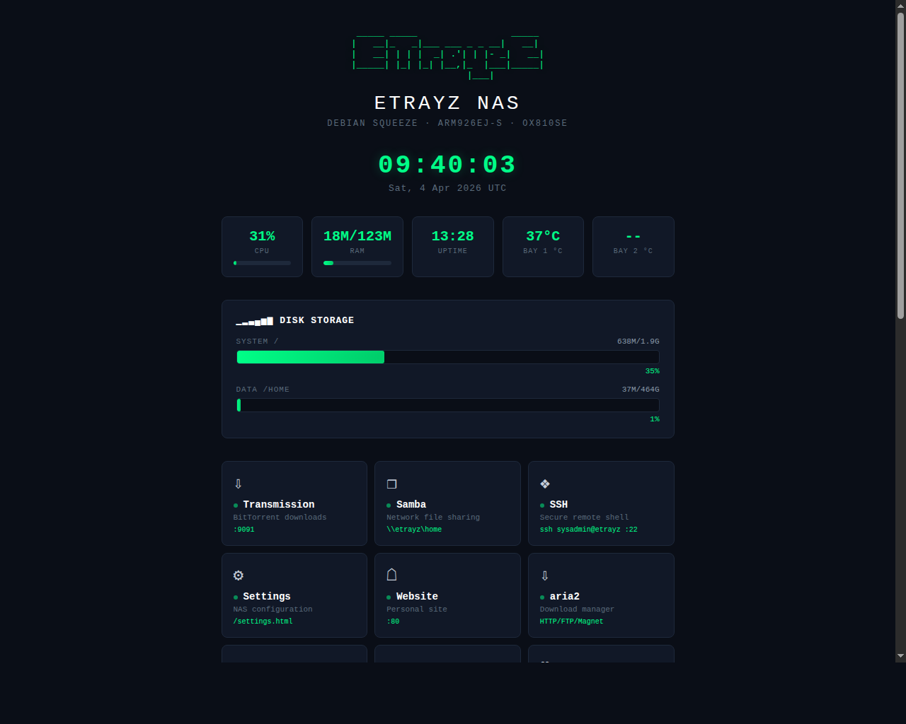 EtrayZ web dashboard — CPU, RAM, disk bars, service cards
