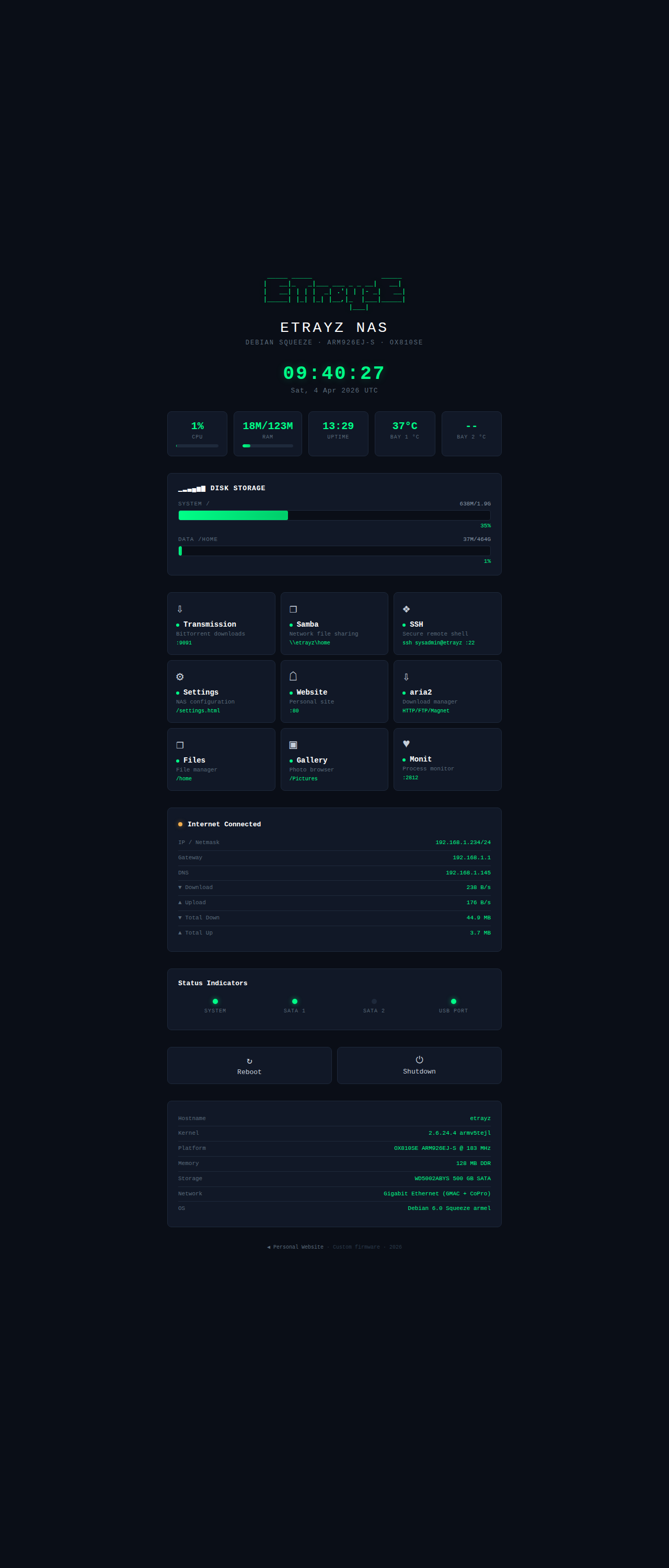 EtrayZ dashboard full view with network panel and status indicators