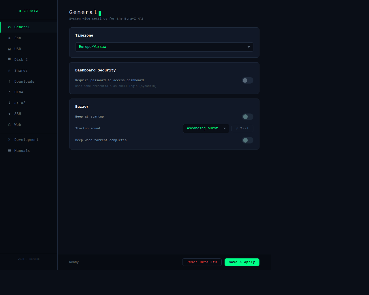 Settings panel with 11 configuration sections