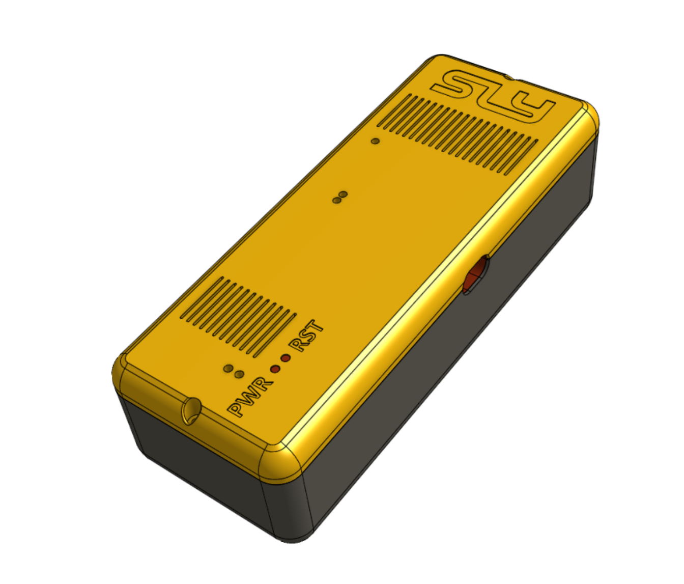 3D-printed GPS tracker enclosure — yellow, top view