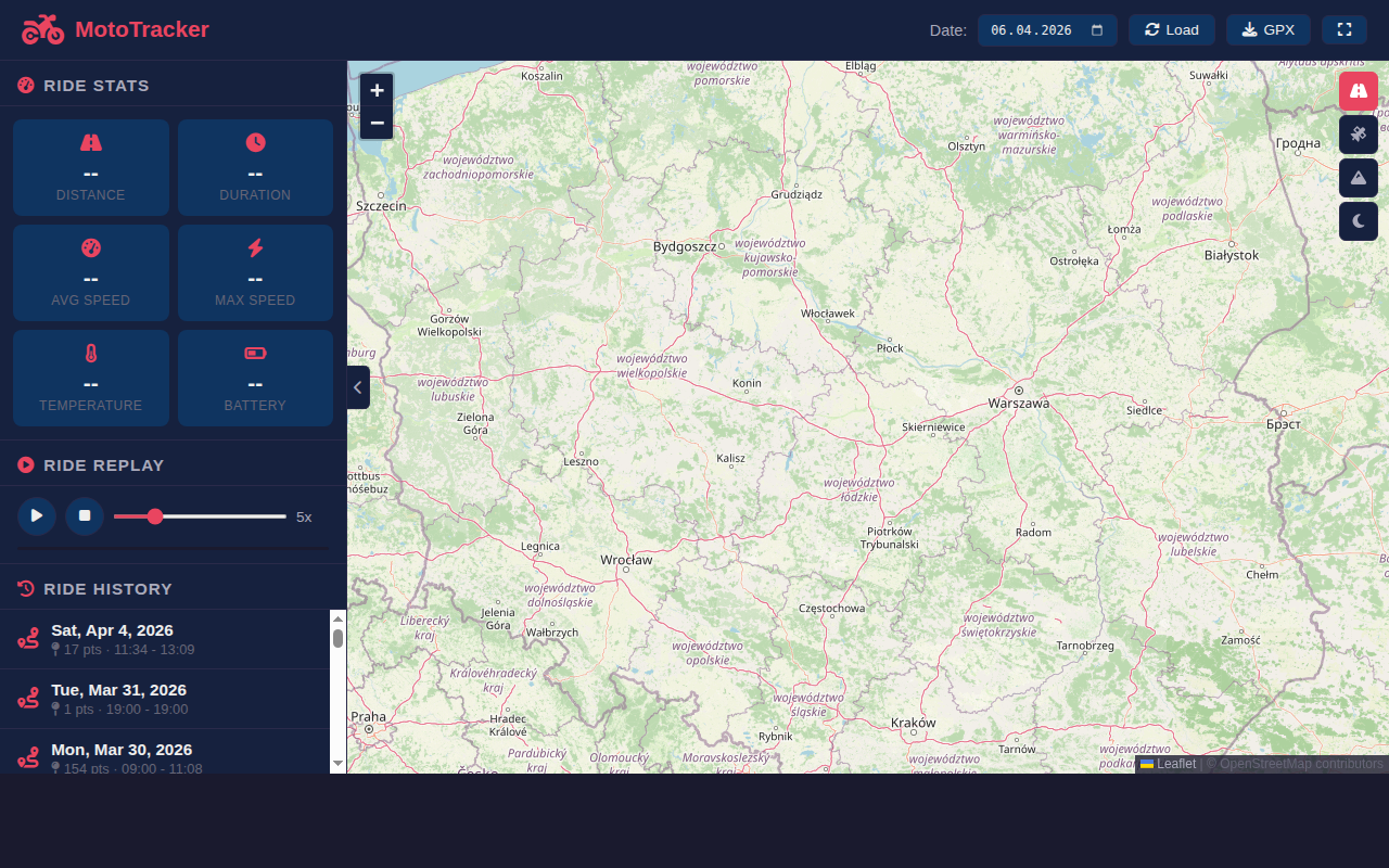 MotoTracker web dashboard with Leaflet map and ride stats