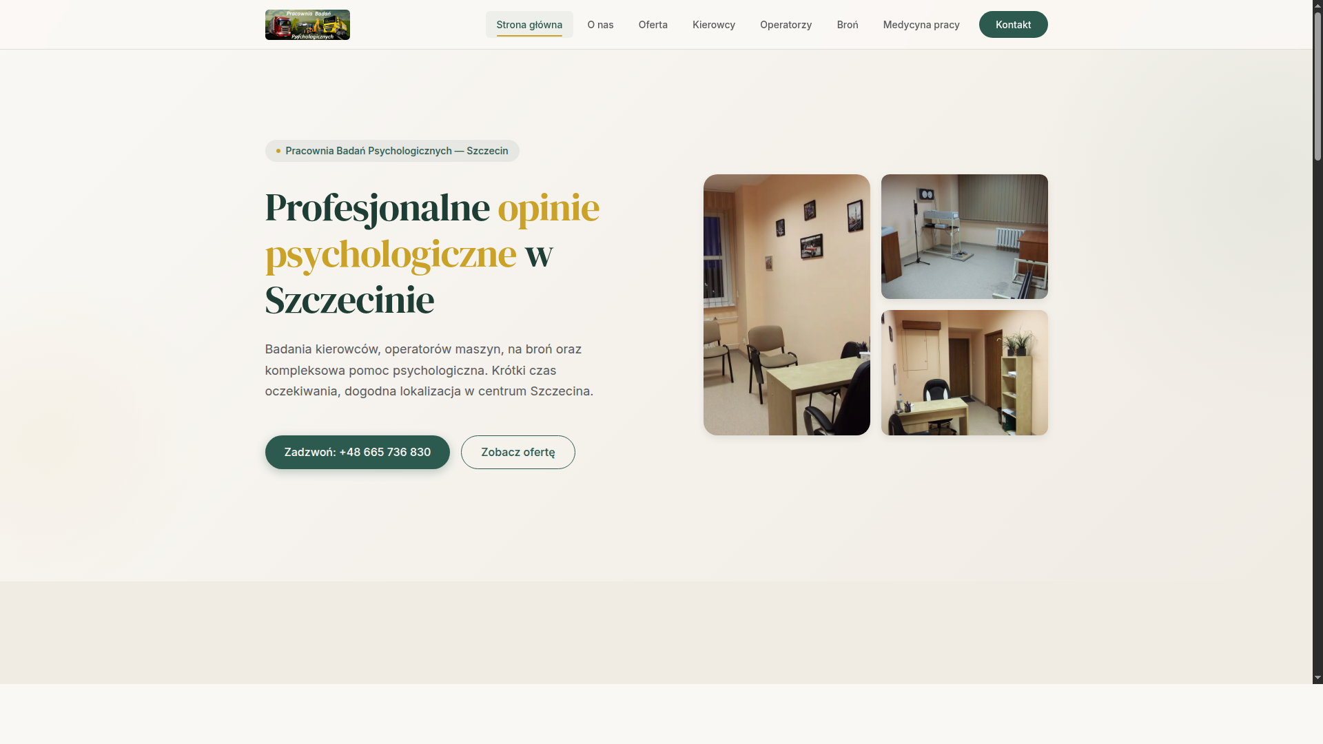 Psychology clinic website homepage with hero section and office photos