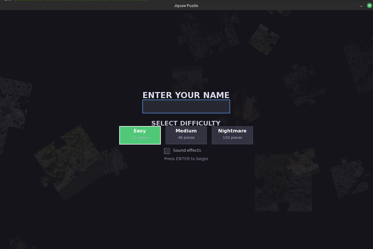 Name and difficulty selection screen