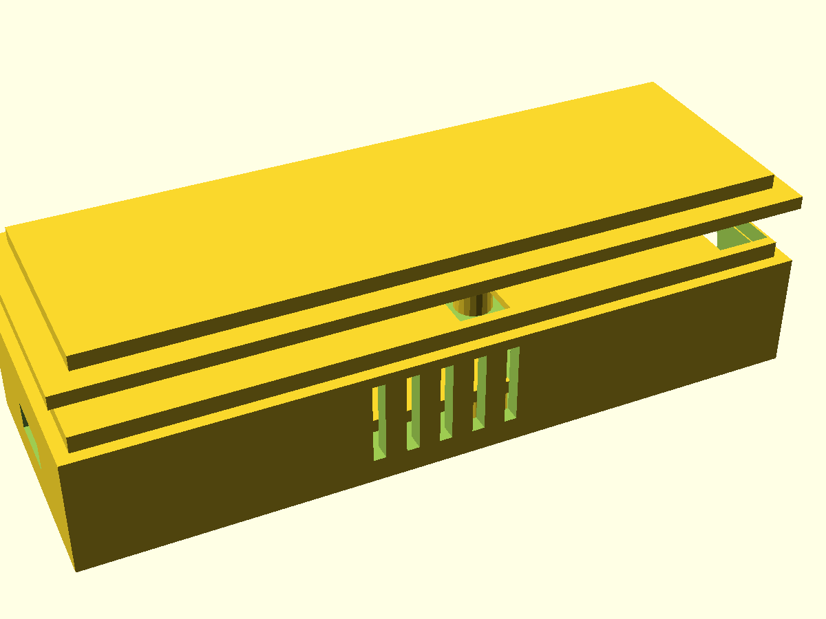 3D printed case assembled preview — OpenSCAD render showing enclosure with lid, ventilation slots, and connector cutouts