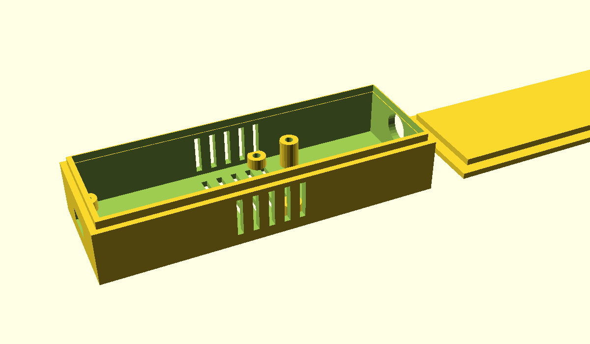 3D printed case print layout — bottom half with mounting posts and lid side by side for flat printing
